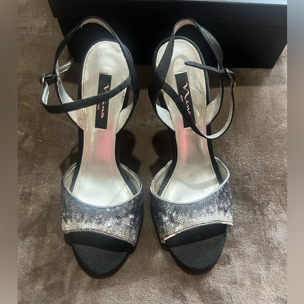 Nina Black and Silver Heeled Sandals
